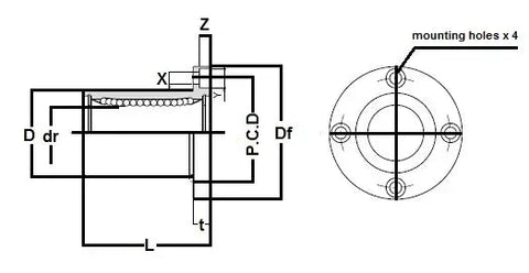 Technical diagram of SMSF8G 8mm Slide Bush Bushings Miniature Motion Linear Bearing with dimensions and mounting holes.