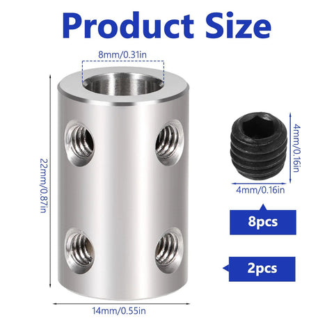 Two Pack 8mm to 8mm stainless steel shaft couplers, 22mm length, 14mm diameter, shown with included screws for 3D printer motors