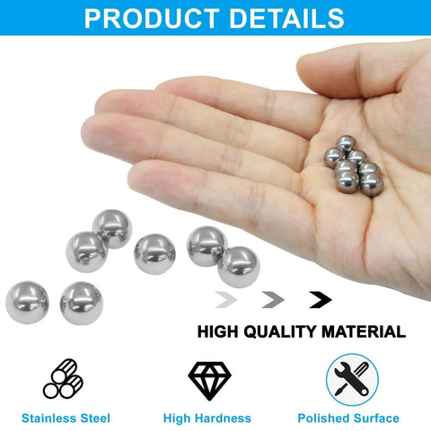 Tomarse de la mano 8mm 304 stainless steel bolas de rodamiento, mostradas en una 50-pack Paquete Premium de 50 unidades 8mm Stainless Steel Bolas de rodamiento 304 Grado 0.31 Inch Bolas de precisión tamaño G200, 28HRC. Rodamientos de alta calidad, resistentes a la corrosión y al desgaste, para proyectos mecánicos.