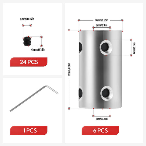Six Piece 8mm Shaft Couplers Set with set screws and Allen wrench for machines, robots, hobby CNC projects, high strength steel