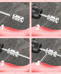 Installation steps for Six Piece 8mm Shaft Couplers Set, showing how to connect dual 8mm shafts using set screws and high strength steel couplers.