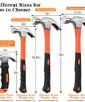 Different sizes of Eight Ounce Straight Rip Claw Hammer With Fiberglass Handle Smooth Face Non Slip Grip for DIY projects.