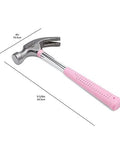 8 oz claw hammer with a shock-absorbing non-slip pink grip for comfortable, accurate nail driving and efficient nail removal.