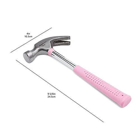 8 oz claw hammer with a shock-absorbing non-slip pink grip for comfortable, accurate nail driving and efficient nail removal.