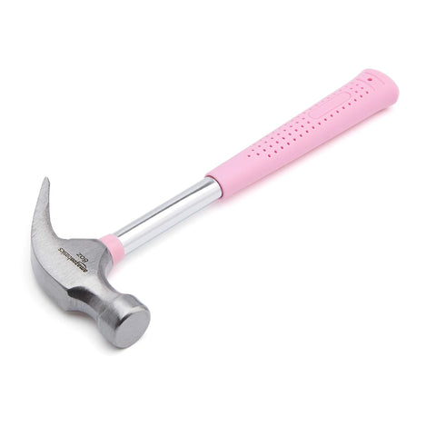 8 oz claw hammer with a shock-absorbing non-slip pink grip for comfortable, accurate nail driving and efficient nail removal