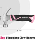 8 Oz Claw Hammer With Fiberglass Handle For Easy DIY Projects, forged steel head, pink and black handle, side view