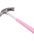 8 oz claw hammer with a shock-absorbing non-slip pink grip for comfortable, accurate nail driving and efficient nail removal