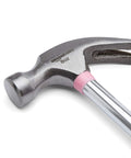 8 oz claw hammer with a shock-absorbing non-slip pink grip for comfortable, accurate nail driving and efficient nail removal; durable steel head and claw deliver reliable control for home improvement and professional tasks