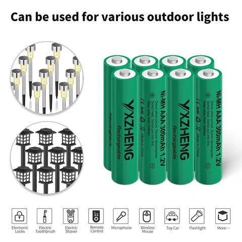 8 Pack AAA NiMH Rechargeable Battery 1.2V 300mAh For Outdoor Solar Lights with green casing and compatible devices shown