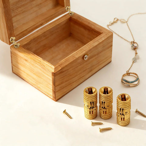 8 Pcs 8mm Hidden Brass Barrel Hinges For DIY Jewelry Boxes And Hand Craft Projects, shown next to a wooden box