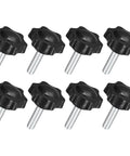 Image of Eight Pieces M8 X 30mm Star Knobs with Plastic Hex Shaped Clamping Design for Hand Tightening in black, suitable for umbrella bases.