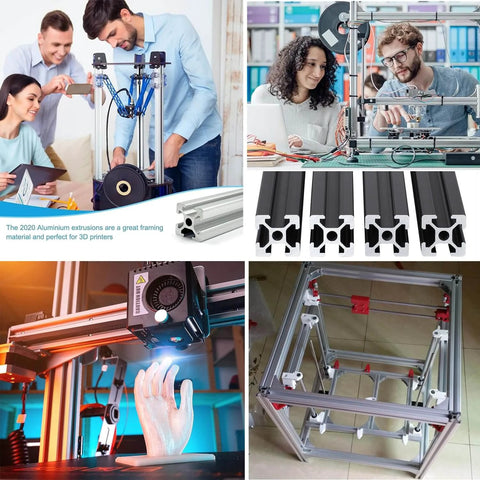 Collage showing 8pcs 1000mm 2040 V-Slot Extrusion Aluminum Profile in black, used in 3D printer frames, CNC machines, and robotics projects.