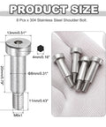 Diagram and hand holding eight pack 8mm shoulder diameter 20mm shoulder length 304 stainless steel hex socket shoulder bolts M6x1 thread set.
