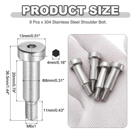 Diagram and hand holding eight pack 8mm shoulder diameter 20mm shoulder length 304 stainless steel hex socket shoulder bolts M6x1 thread set.