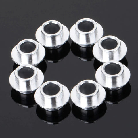 8-Pack Inline Skate Bearing Spacers For 8mm Axles Aluminum Wheel Center Spacers arranged in a circle on black background