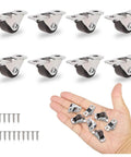 8Pcs 1/2 Inch Mini Rigid Caster Wheels Low Profile Fixed Direction with Rubber Wheels Steel Top Plate shown with screws in hand