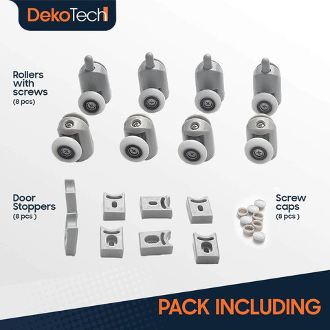 Image of 8 Pcs Shower Door Rollers Replacement Set, 23mm single wheels with top and bottom runners, door stoppers, and screw caps.