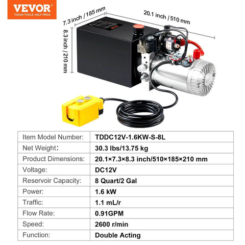 8 Quart Hydraulic Power Unit with Double Acting Dump Trailer Pump, 0.91 GPM Flow Rate, 3200 PSI, DC 12V Hydraulic Pump