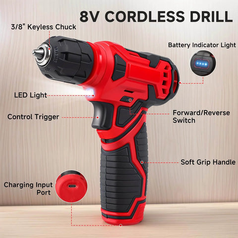 Cordless Drill Set With 132 Piece Home Tool Kit LED Light For DIY Enthusiasts And Home Repairs, showcasing detailed features.
