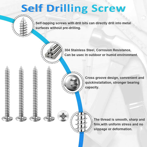 100 Pcs #8 x 1-1/2 Inch Pan Head Wood Screws Made from 304 Stainless Steel Featuring Self Tapping Coarse Threads and Sharp Point for Fast Installation in Wood Metal Plastic Drywall and Concrete Projects