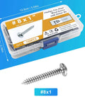 100 Pcs #8 x 1 Inch Pan Head Wood Screws Made from 304 Stainless Steel in a clear box with driver bit.