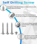 100 Pcs #8 x 1 Inch Pan Head Wood Screws Made from 304 Stainless Steel featuring self tapping coarse threads in a close-up view.