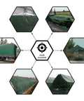 Collage showing uses of 8x10 Feet Waterproof Green Tarp 8 Mil Thick, including cargo cover, camping shelter, and outdoor protection.