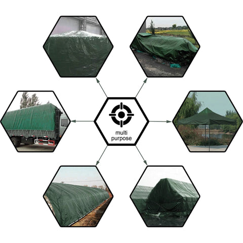 Collage showing uses of 8x10 Feet Waterproof Green Tarp 8 Mil Thick, including cargo cover, camping shelter, and outdoor protection.