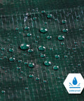 Close-up of 8x10 Feet Waterproof Green Tarp 8 Mil Thick Multipurpose Protective Cover For Emergency Rain Shelter with water droplets