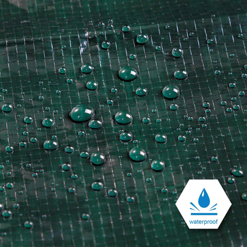 Close-up of 8x10 Feet Waterproof Green Tarp 8 Mil Thick Multipurpose Protective Cover For Emergency Rain Shelter with water droplets