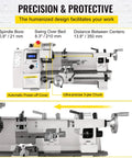 8 X 14 Inch Mini Metal Lathe With Variable Speed 2250 RPM 600W Motor features, including spindle bore and ultra-precise 3-jaw chuck.