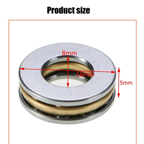 10 Pack F8 16M Miniature Thrust Axial Metal Ball Bearing 8x16x5mm image showing size measurements for precise axial support