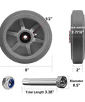 Diagram of 8 x 2 Inch Heavy Duty Industrial Caster Wheels with 1/2 Inch Bore Axle, featuring dimensions and components.
