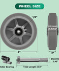 8x2 Inch Heavy Duty Caster Wheels Set Of 4 Up To 3600 Pound Capacity with dimensions, roller bearing, and bolt details