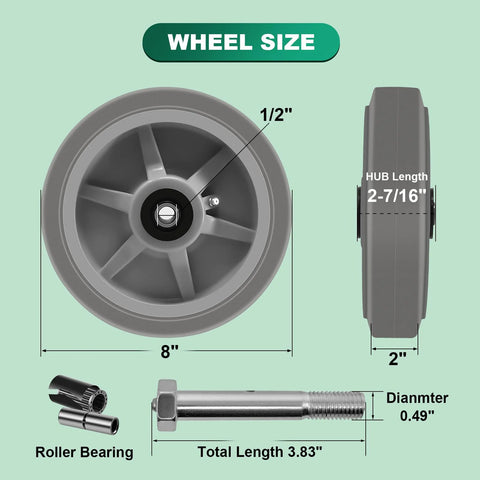 8x2 Inch Heavy Duty Caster Wheels Set Of 4 Up To 3600 Pound Capacity with dimensions, roller bearing, and bolt details