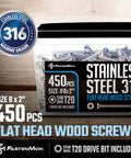 #8 x 2 Marine Grade 316 Stainless Steel Deck Screws, 450 PCS - Flat Head T20, Type 17 Point, Rust Resistant, Quick Drive with Strong Grip for Outdoor Wood Projects, Bit Included