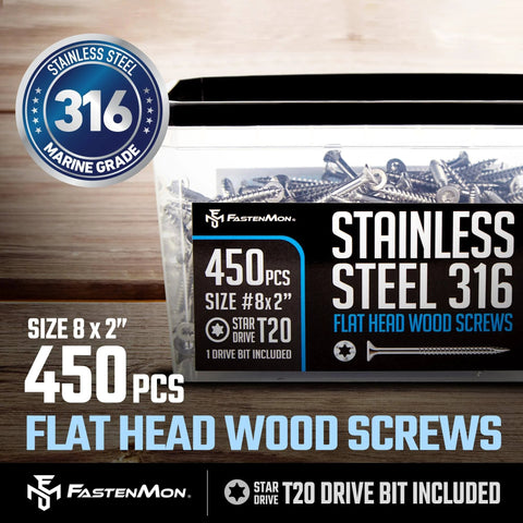 #8 x 2 Marine Grade 316 Stainless Steel Deck Screws, 450 PCS - Flat Head T20, Type 17 Point, Rust Resistant, Quick Drive with Strong Grip for Outdoor Wood Projects, Bit Included