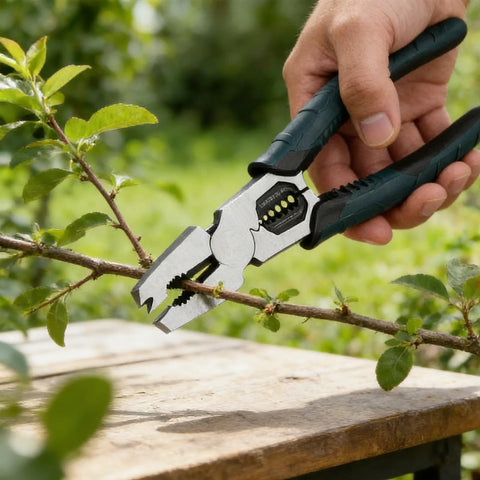Versatile 9-in-1 cutting pliers deliver wire cutting, stripping, crimping, nail pulling and more, used in garden for branch cutting