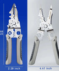 9-In-1 Wire Cutter And Crimping Tool With Adjustable AWG 6-16 shown front and side view, durable rubber grip, for electrical DIY use.
