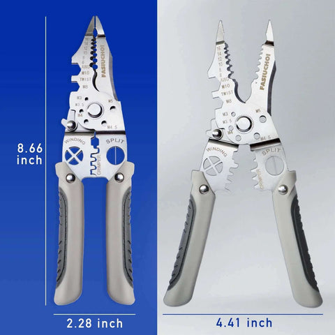9-In-1 Wire Cutter And Crimping Tool With Adjustable AWG 6-16 shown front and side view, durable rubber grip, for electrical DIY use.