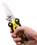 Hand holding 9 Inch Aviation Tin Snips Heavy Duty Metal Cutter With Straight Cut Stainless Steel Blades 3Cr13 Ideal For Cutting Metal Sheets Chicken Wire Aluminum Wire Plastic And Artificial Flowers Easy Grip Handle