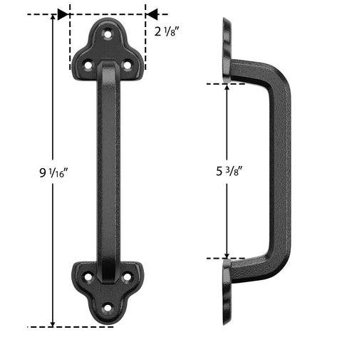 Heavy Duty 9 Inch Antique Barn Door Handle Large Rustic Retro Cast Iron Handle For Gates Garages Sheds And Furniture Black Powder Coated Finish Square Mount Weather Resistant Durable Construction Suitable For Exterior And Interior Doors, front and side view, dimensions labeled