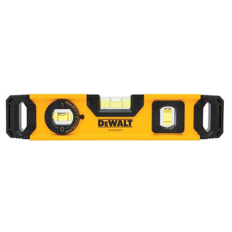 Front view of 9 Inch Extruded Torpedo Level with durable rigid body and precise vial for fast layout checks on construction sites.