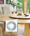Dining table with 2 Pack 9 Inch Heavy Duty Lazy Susan Turntable Bearings installed, highlighting 5/16 thick galvanized steel swivel plates.