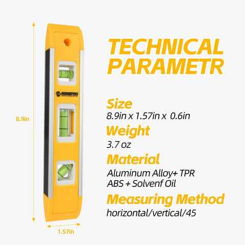 9 Inch Magnetic Torpedo Level With 45 Degree 90 Degree And 180 Degree Bubbles Magnetic Edge For Hands Free Use In Woodworking Hardware Installations And DIY Projects Shock Resistant Box Level Tool With Technical Parameters