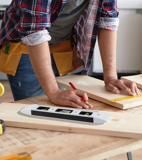 Person using Magnetic Torpedo Level 9 Inch With Box Frame And Alloy Construction, Hands Free Magnetic Attachment For Fast Readouts On Iron Surfaces.