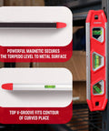 9 Inch Magnetic Torpedo Level With Overhead Viewing Window And 3 Bubbles For 45 Degree 90 Degree 180 Degree Readings Compact Shock Resistant V Groove Design For Plumbing Wood Metal Projects Strong Magnetic Edge For Hands Free Leveling