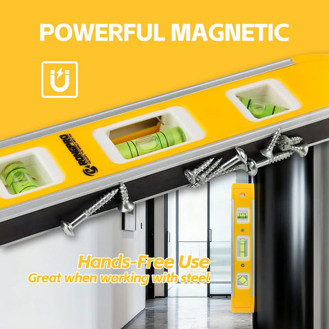 9 Inch Magnetic Torpedo Level With 45 Degree 90 Degree And 180 Degree Bubbles Magnetic Edge For Hands Free Use In Woodworking Hardware Installations And DIY Projects Shock Resistant Box Level Tool For Precise Measuring shown with screws attached to metal surface.