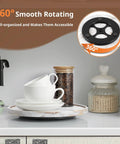 9 Inch Solid Wood Lazy Susan Turntable Organizer in pantry with cups and jars, white washed finish shows 360° rotation