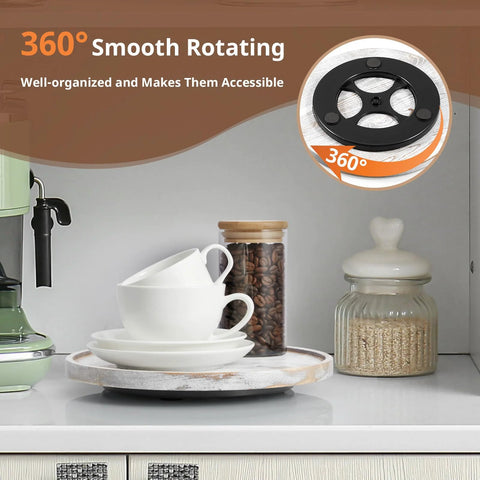 9 Inch Solid Wood Lazy Susan Turntable Organizer in pantry with cups and jars, white washed finish shows 360° rotation